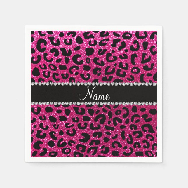 Custom name neon hot pink glitter cheetah print napkins (Front)