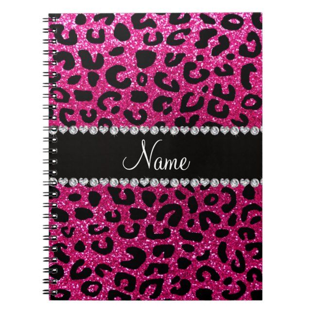 Custom name neon hot pink glitter cheetah print notebook (Front)