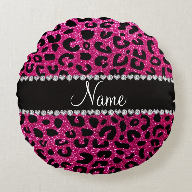 Custom name neon hot pink glitter cheetah print round pillow (Front)