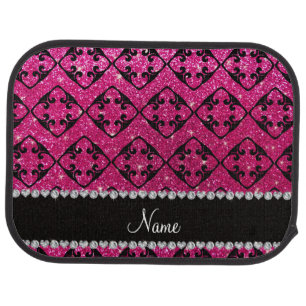 Custom name neon hot pink glitter diamond swirls car floor mat