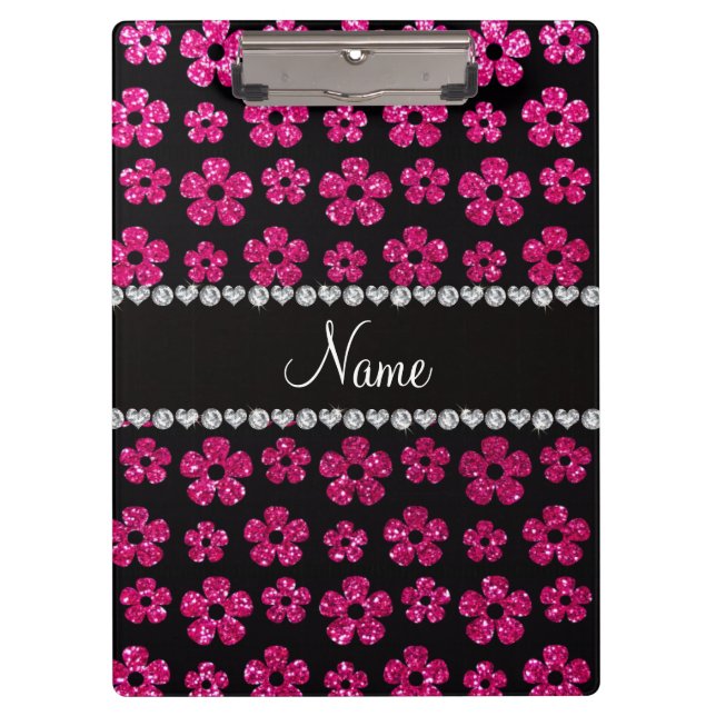 Custom name neon hot pink glitter flowers clipboard (Front)