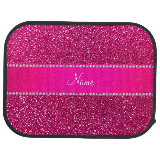 Custom Name Neon Hot Pink Glitter Hot Pink Stripe Car Floor Mat