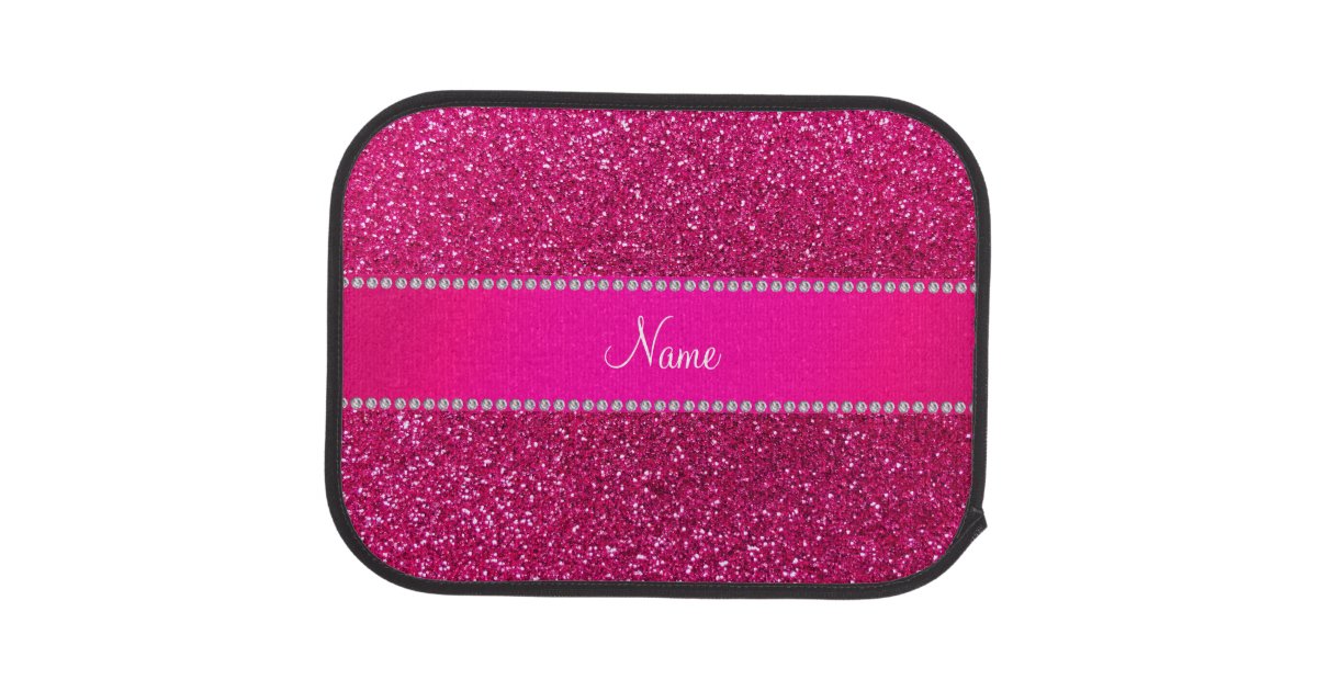 Custom Name Neon Hot Pink Glitter Hot Pink Stripe Car Floor Mat