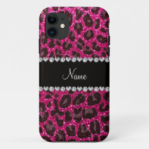 Custom name neon hot pink glitter leopard print iPhone 11 case