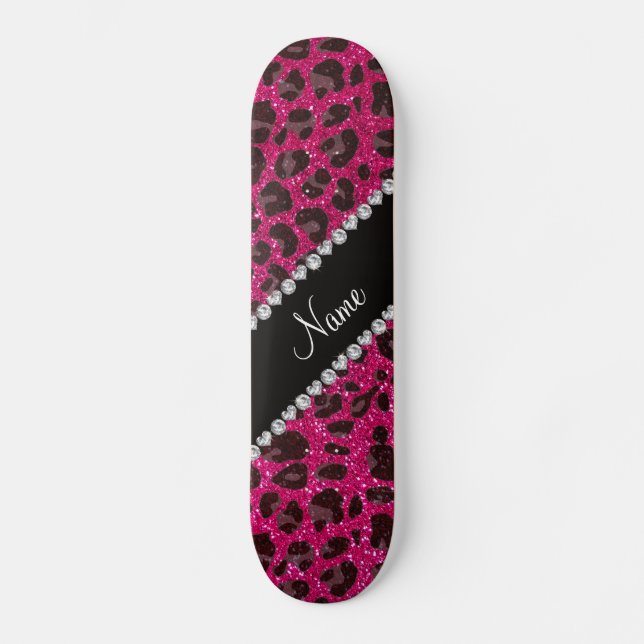 Custom name neon hot pink glitter leopard print skateboard deck (Front)