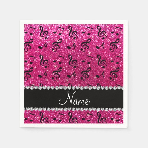 Custom name neon hot pink glitter music notes napkins