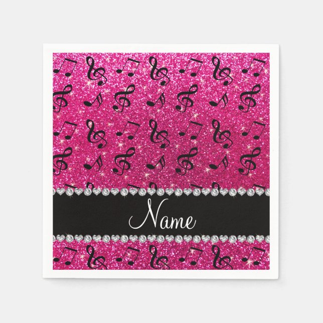 Custom name neon hot pink glitter music notes napkins (Front)