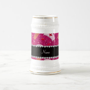 Custom name neon hot pink glitter nurse hats heart beer stein