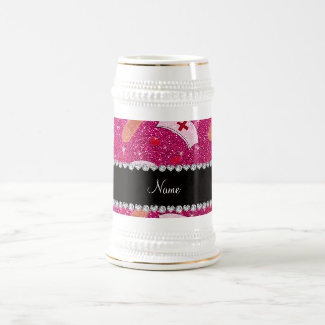 Custom name neon hot pink glitter nurse hats heart beer stein (Center)