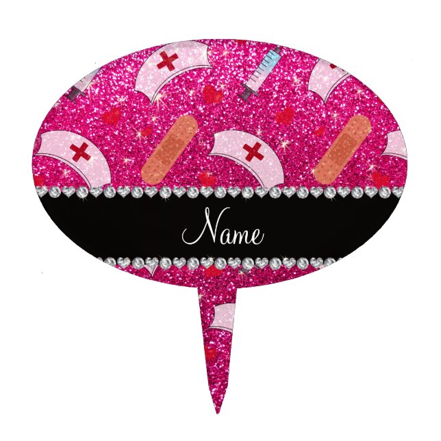 Custom name neon hot pink glitter nurse hats heart cake topper (Front)