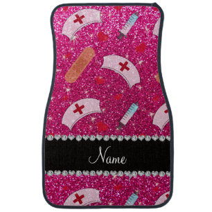 Custom name neon hot pink glitter nurse hats heart car floor mat