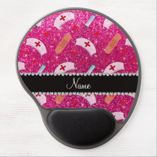 Custom name neon hot pink glitter nurse hats heart gel mouse pad