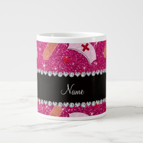 Custom name neon hot pink glitter nurse hats heart giant coffee mug