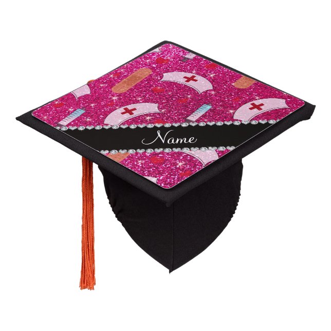 Custom name neon hot pink glitter nurse hats heart graduation cap topper (Angled)
