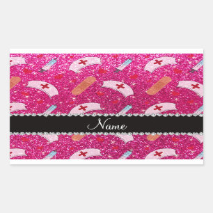 Custom name neon hot pink glitter nurse hats heart rectangular sticker