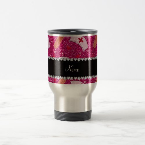 Custom name neon hot pink glitter nurse hats heart travel mug