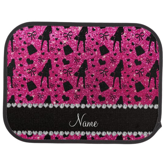 Custom Name Neon Hot Pink Glitter Shopping Pattern Car Floor Mat