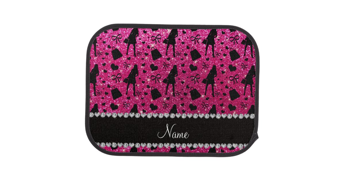 Custom Name Neon Hot Pink Glitter Shopping Pattern Car Floor Mat