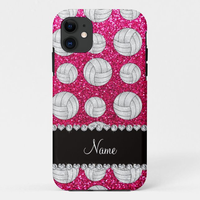 Custom name neon hot pink glitter volleyballs Case-Mate iPhone case (Back)