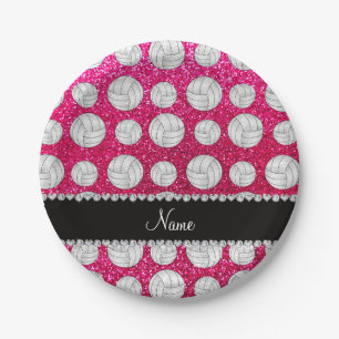 Custom name neon hot pink glitter volleyballs paper plates