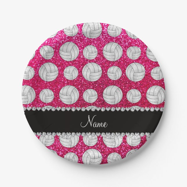 Custom name neon hot pink glitter volleyballs paper plates (Front)