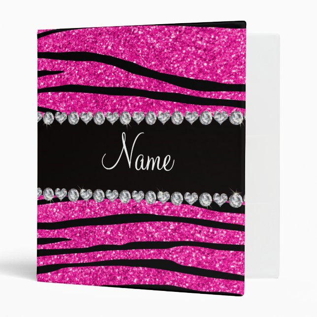 Custom name neon hot pink glitter zebra diamonds 3 ring binder (Front/Inside)