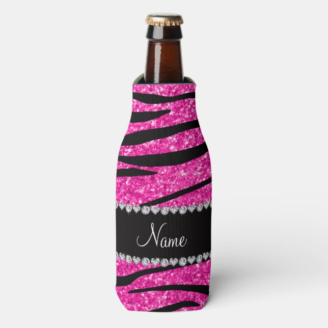 Custom name neon hot pink glitter zebra diamonds bottle cooler (Bottle Front)
