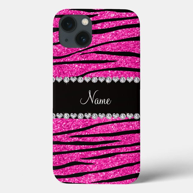 Custom name neon hot pink glitter zebra diamonds Case-Mate iPhone case (Back)