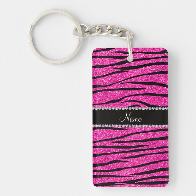 Custom name neon hot pink glitter zebra diamonds keychain (Front)
