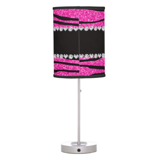 Custom name neon hot pink glitter zebra diamonds table lamp (Back)