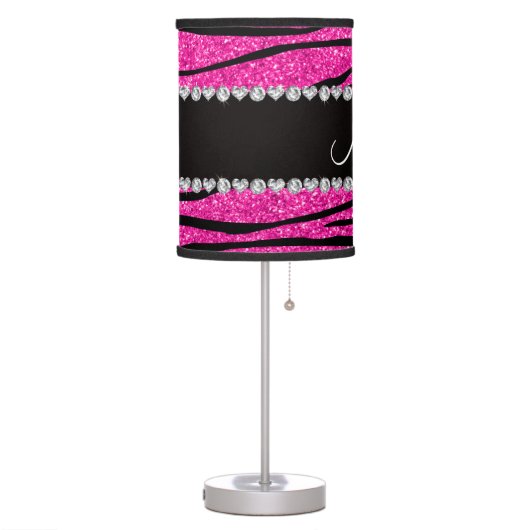 Custom name neon hot pink glitter zebra diamonds table lamp (Left)