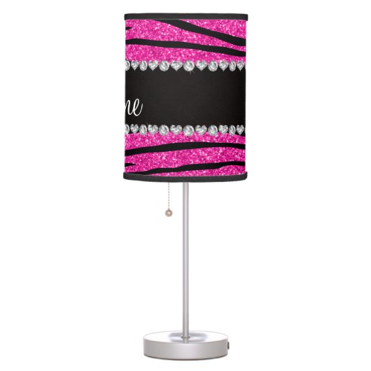 Custom name neon hot pink glitter zebra diamonds table lamp (Right)