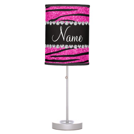 Custom name neon hot pink glitter zebra diamonds table lamp (Front)