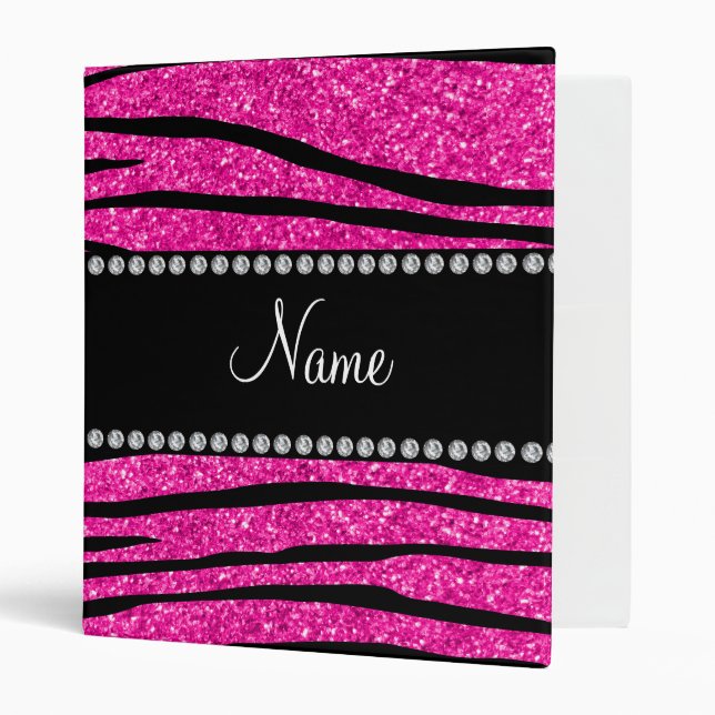 Custom name neon hot pink glitter zebra stripes 3 ring binder (Front/Inside)