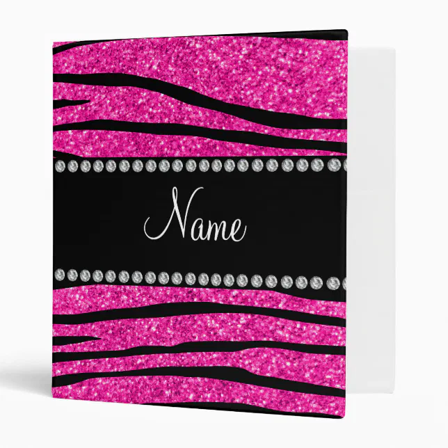 Custom name neon hot pink glitter zebra stripes 3 ring binder | Zazzle