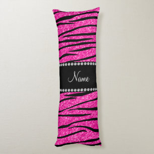 Custom name neon hot pink glitter zebra stripes body pillow