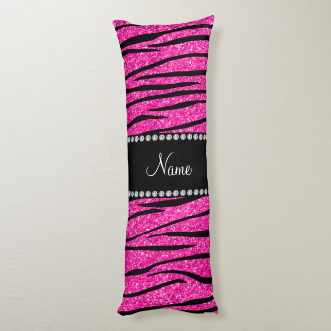 Custom name neon hot pink glitter zebra stripes body pillow (Back (Vertical))