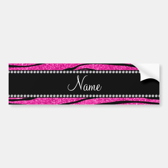 Custom name neon hot pink glitter zebra stripes bumper sticker (Front)