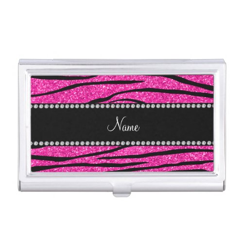 Custom name neon hot pink glitter zebra stripes business card holder