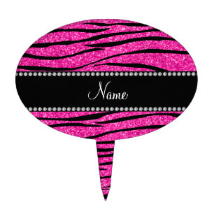 Custom name neon hot pink glitter zebra stripes cake topper