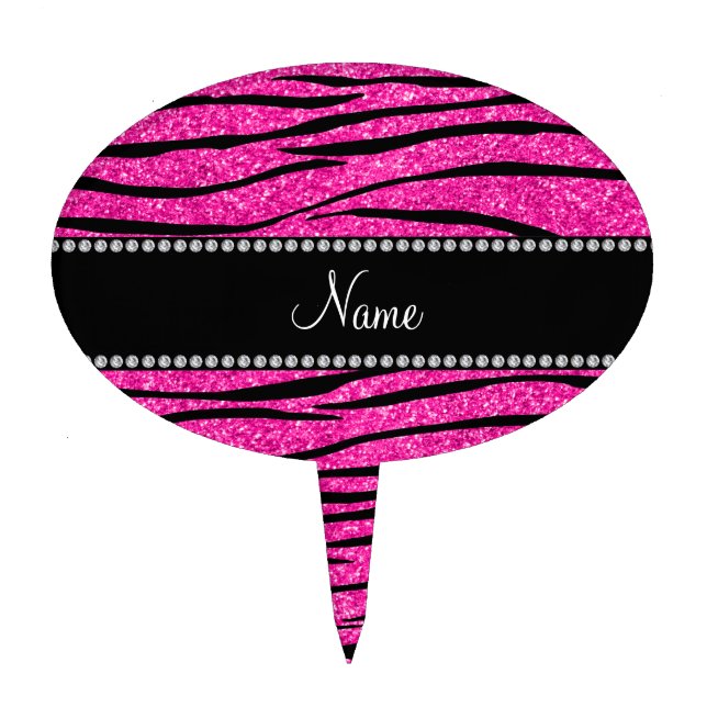 Custom name neon hot pink glitter zebra stripes cake topper (Front)
