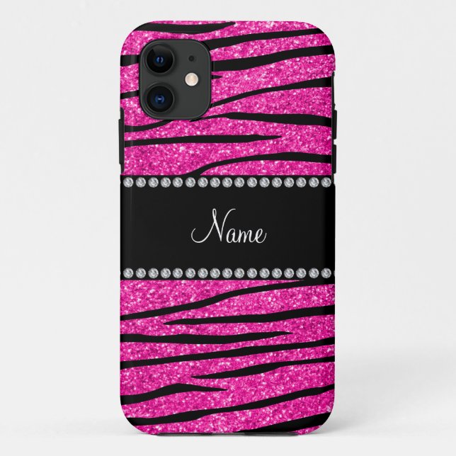 Custom name neon hot pink glitter zebra stripes Case-Mate iPhone case (Back)