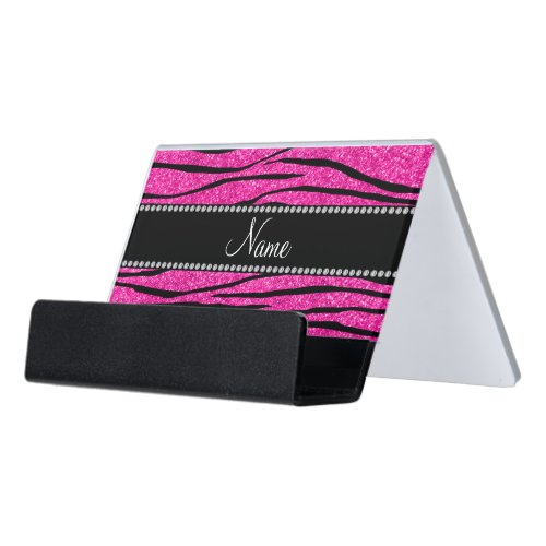 Custom name neon hot pink glitter zebra stripes desk business card holder