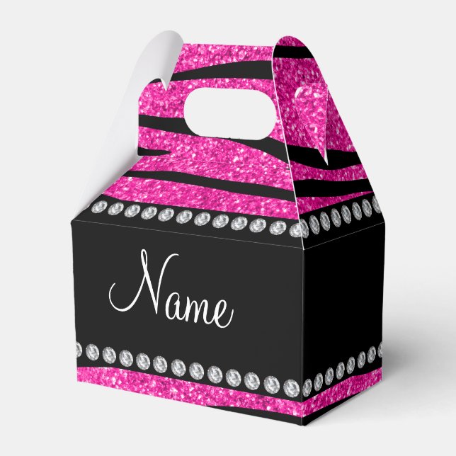 Custom name neon hot pink glitter zebra stripes favor boxes (Front Side)