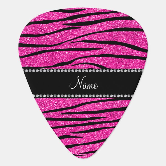 Custom name neon hot pink glitter zebra stripes guitar pick (Front)