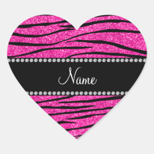 Custom name neon hot pink glitter zebra stripes heart sticker