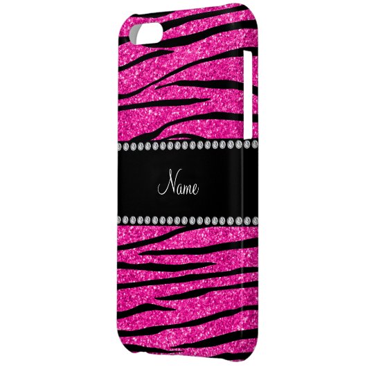 Custom name neon hot pink glitter zebra stripes iPhone case (Back Left)