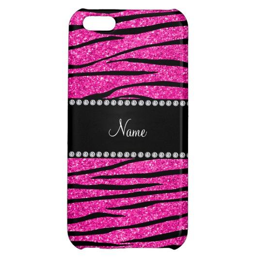 Custom name neon hot pink glitter zebra stripes iPhone case (Back)