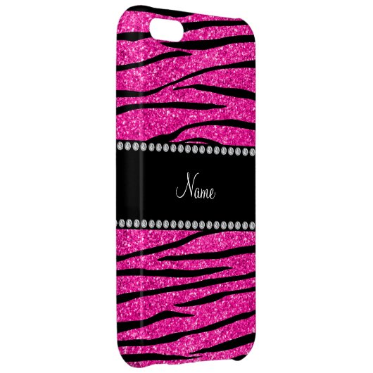 Custom name neon hot pink glitter zebra stripes iPhone case (Back Right)