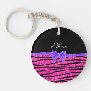 Custom name neon hot pink glitter zebra stripes keychain